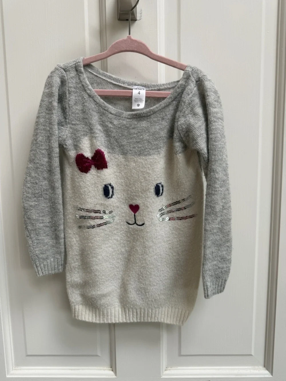 Carter's Girls Size 4 Gray Cat Knit Sweater Top with Pink Bow